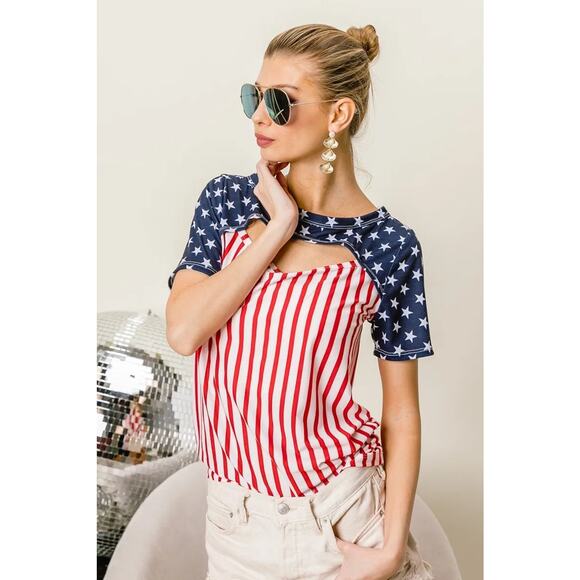 BiBi American Flag Theme Front Cut Out Short Sleeves Round Neck Top | Red Stripe - Picture 3 of 12